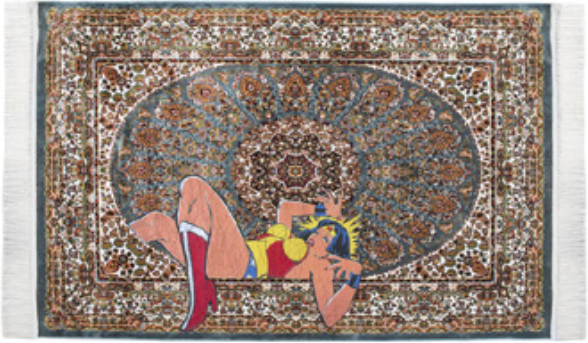 Ali Cha’aban, The Broken Dream II, 2018, sérigraphie sur tapis persan, 170 x 220 cm, Courtesy Hafez Gallery, Djeddah